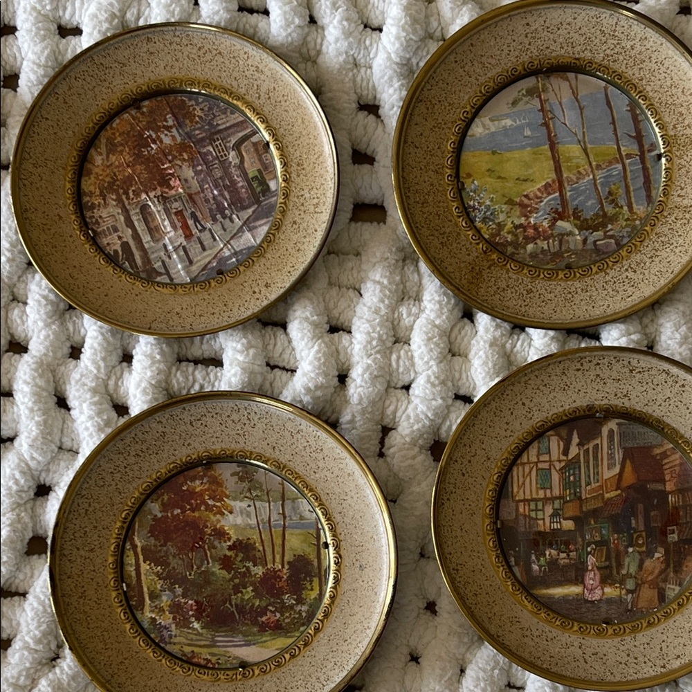 Antique solid brass, foil art , hanging,decorative  Plates. Made in England. EUC